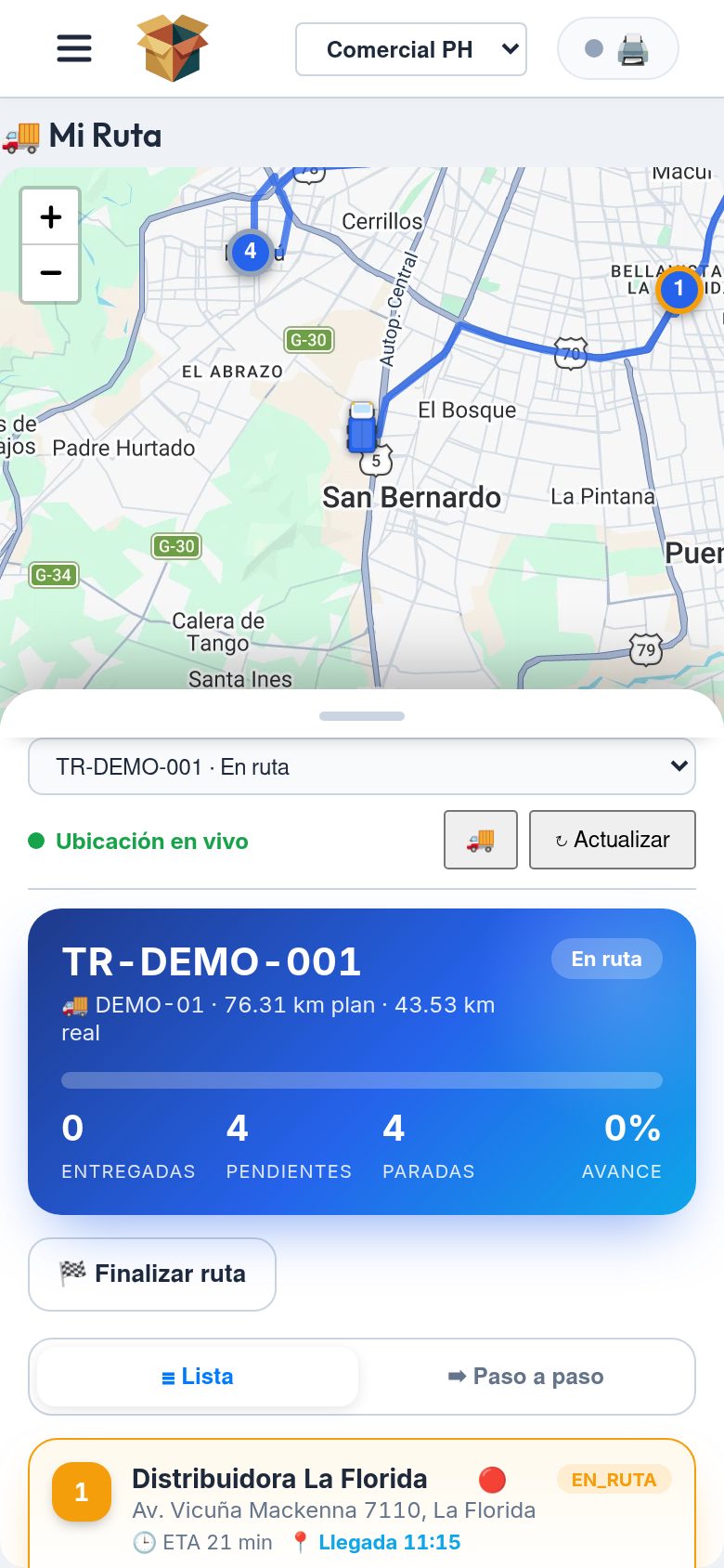 Consola del chofer de BodegApp en un teléfono: mapa con la ruta en vivo, camión geolocalizado, paradas numeradas y tarjeta de avance de entregas