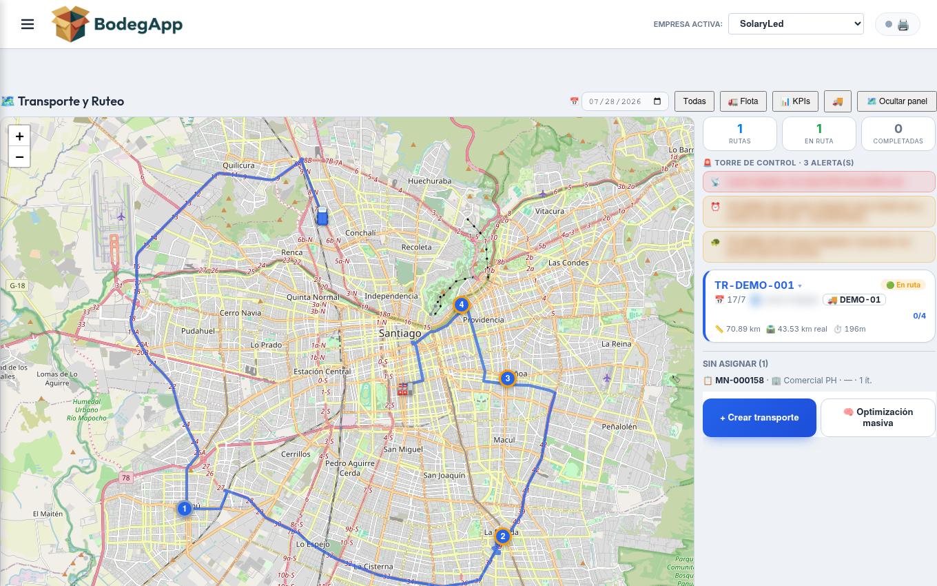 Torre de control de ruteo de BodegApp: mapa en vivo con camiones, paradas y alertas de la operación de reparto