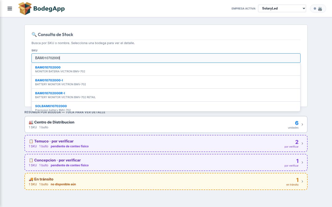 Consulta de stock de BodegApp: búsqueda por SKU con resumen por bodega, separando disponible, en tránsito y por verificar